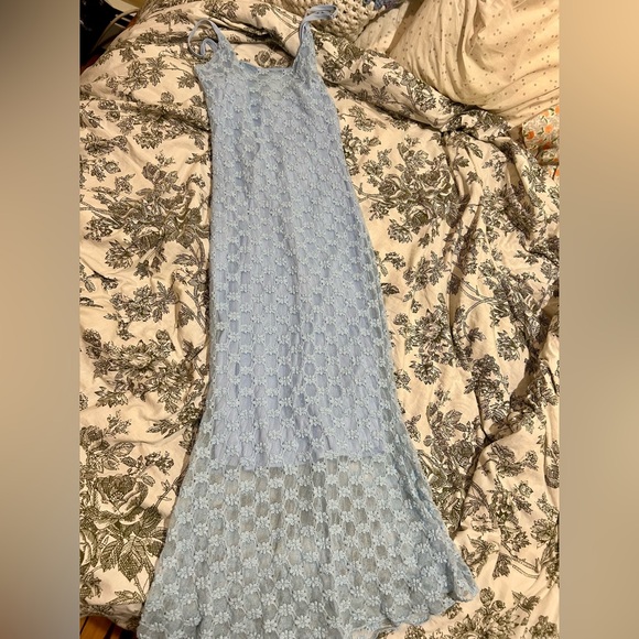 Blue mesh floral midi dress with slip - Picture 2 of 3